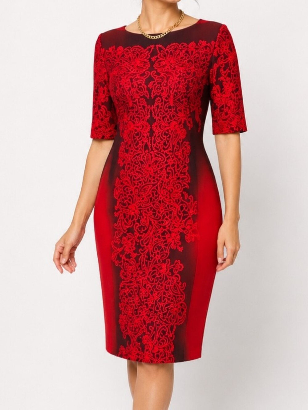 Gabby Skye Elegant Red Floral Print Short Sleeve Sheath Dress